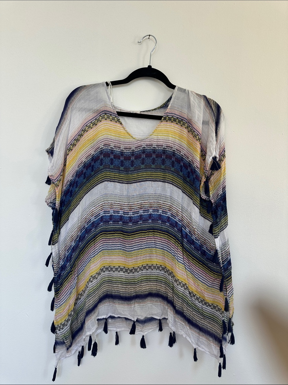 Surf Gypsy Striped Tassel V-Neck Tunic in Navy, Yellow & White